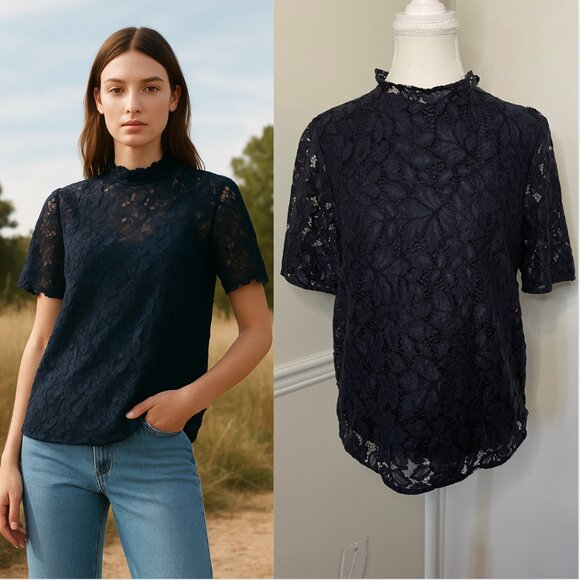 H&M Lace Mock Neck Short Sleeve Blouse M - Picture 1 of 15